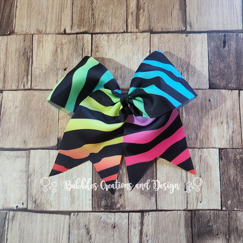 Rainbow Zebra Stripes "O.T.T. CHEER" Style Bow