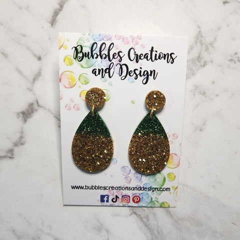 Green & Gold - Glitter Dangle Earrings