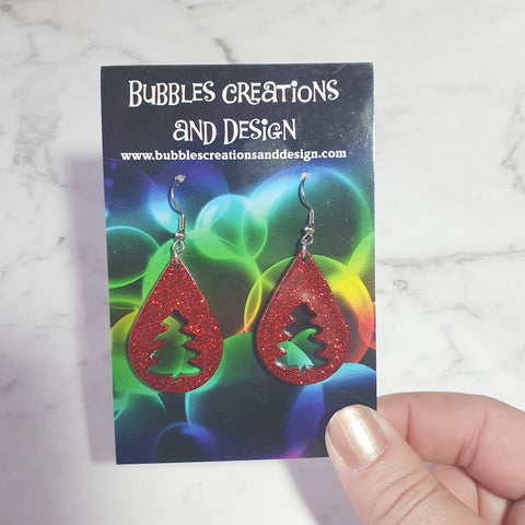 Red Teardrop Christmas Trees - Glitter Earrings..