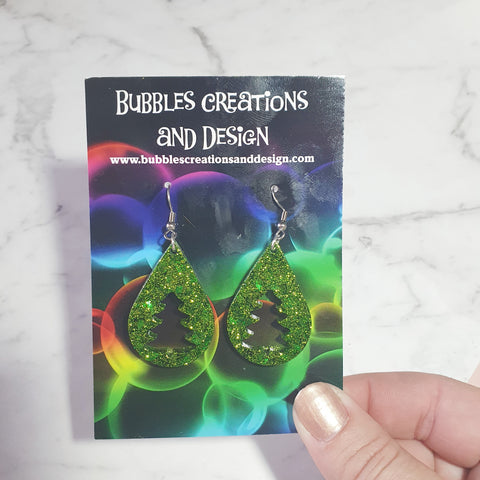 Green Teardrop Christmas Trees - Glitter Earrings