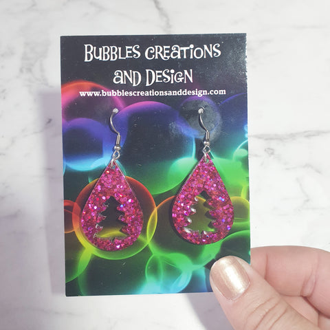 Purple Teardrop Christmas Trees - Glitter Earrings