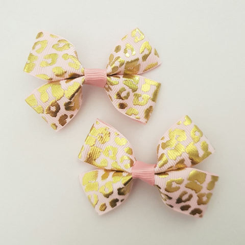 Pink and Gold Leopard RIBBON HAIR CLIPS