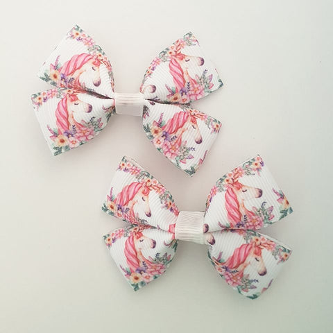 Unicorn and Flowers RIBBON HAIR CLIPS