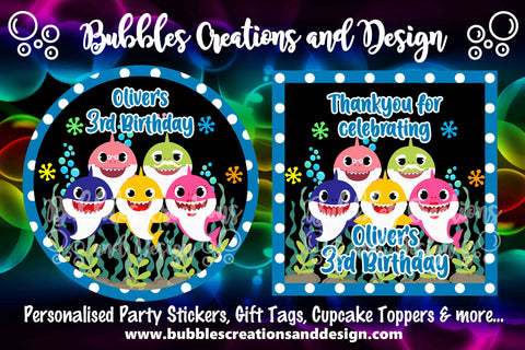 Personalised Party Stickers - Baby Shark - Blue