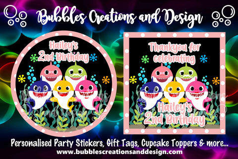 Personalised Party Stickers - Baby Shark - Pink