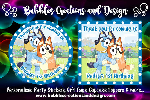 Personalised Party Stickers - Bluey & Bingo - Blue