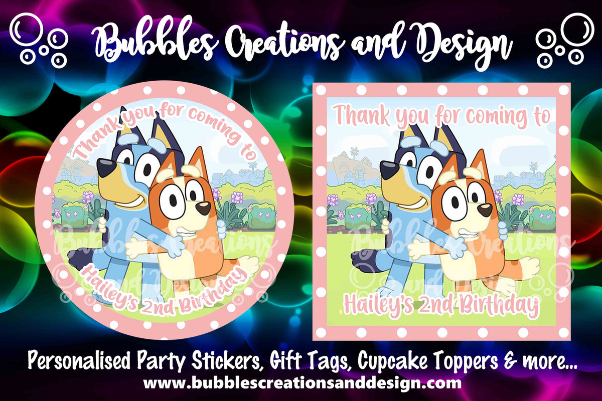 Personalised Party Stickers Bluey Bingo Pink Bubbles Creations personalised-party-stickers-bluey-bingo-pink-bubbles-creations