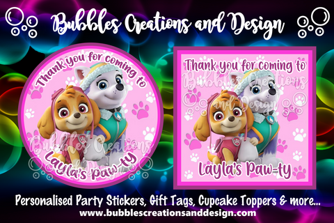 Personalised Party Stickers - Skye & Everest Paw Patrol