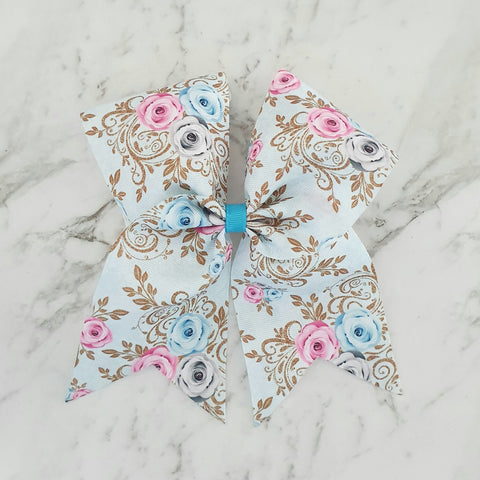 Blue Floral "O.T.T. CHEER" Style Bow