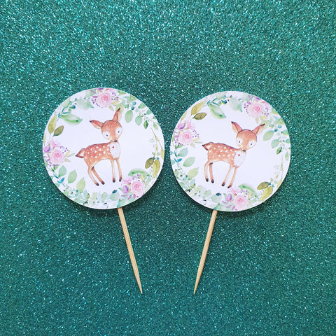 Floral Deer - Cupcake Toppers