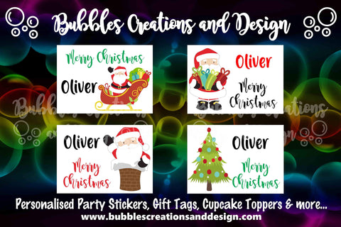 Personalised Christmas Stickers - Santa, Sleigh & Tree (round)